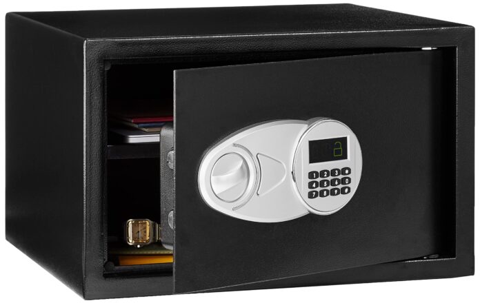 Amazon Basics Steel Security Safe with Programmable Electronic Keypad - Secure Valuables, Cash, Jewelry, ID Documents - Black, 1 Cubic Feet, 16.93" W x 14.57" D x 9.06" H