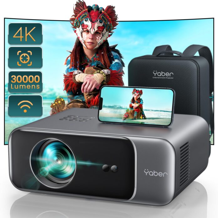 [Auto Focus/4K Support] Projector with WiFi 6 and Bluetooth 5.2, YABER Pro V9 600 ANSI Native 1080P Outdoor Movie Projector, Auto 6D Keystone & 50% Zoom, Home Theater Projector for Phone/TV Stick/PC