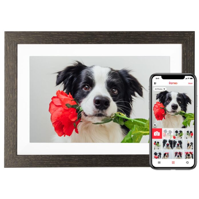 BIHIWOIA 10.1'' Frameo Digital Picture Frame, 32GB WiFi Digital Photo Frame, 1280x800 IPS Touch Screen, Auto-Rotate, Slideshow, Send Photos/Videos via Free App(Black Wood Frame)