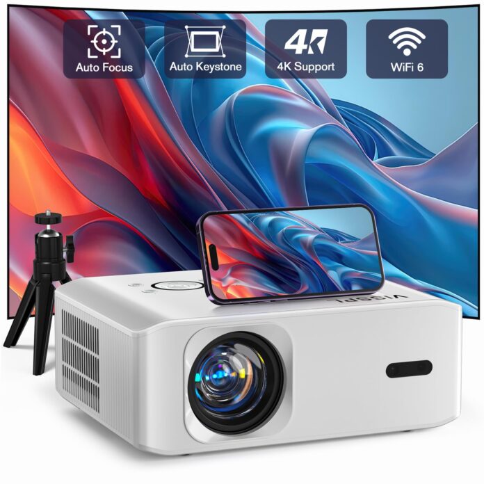 Mini Projector, VISSPL Full HD 1080P Video Projector, Portable Outdoor Projector with Tripod, Kids Gift, Home Theater Movie Phone Projector Compatible with Android/iOS/Windows/TV Stick/HDMI/USB